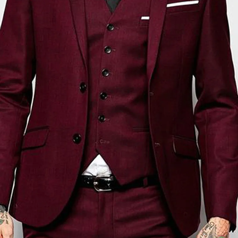Бордовый для мужчин костюмы Slim fit выпускного вечера свадебные жениха v образный