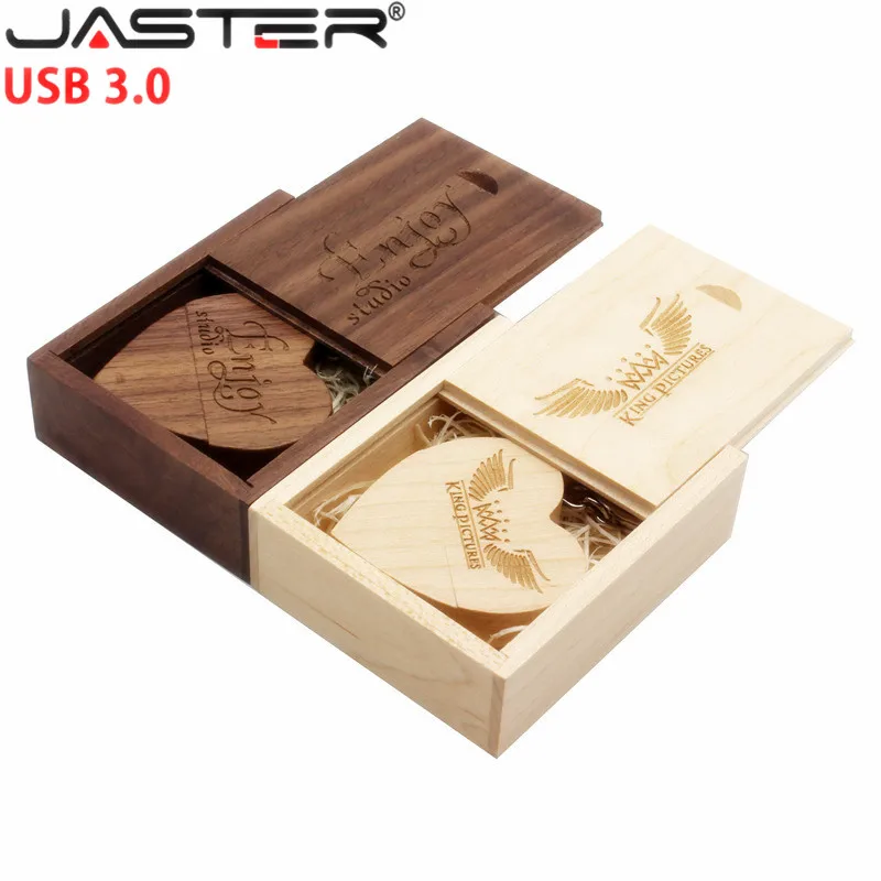 JASTER USB 3,0 логотип на заказ Деревянный Сердце USB+ коробка флэш-накопитель Флешка 32 ГБ 16 ГБ 8 ГБ 4 ГБ 64 Гб U D фотографии свадебные подарки
