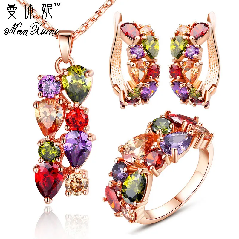 Комплект из колье серёг и кольца с фианитом|women wedding jewelry set|wedding setsflower set |