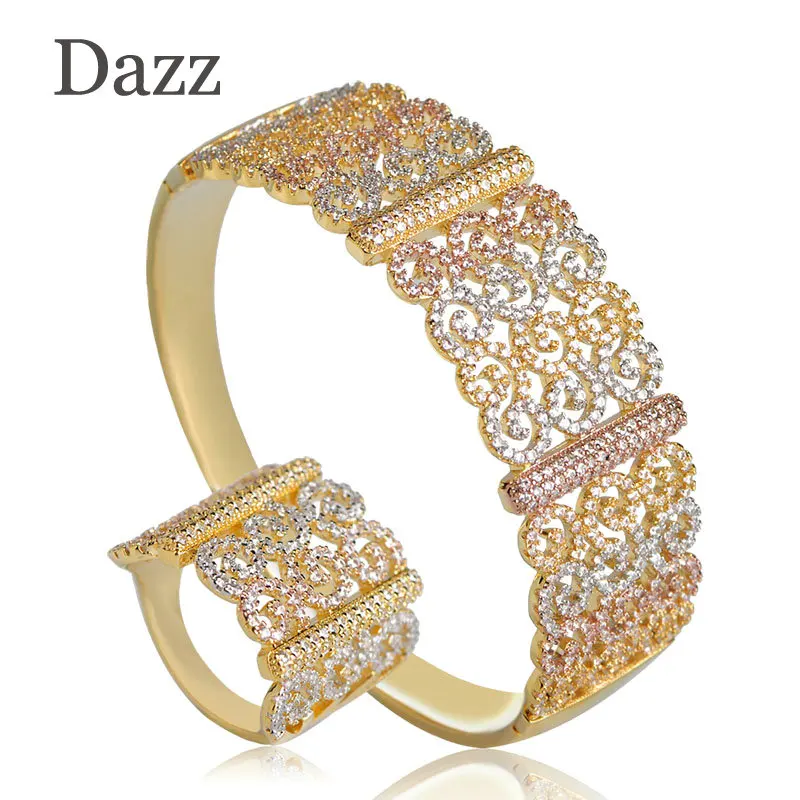 Dazz Роскошные Большие Нежные 3 тона женские Ювелирные наборы смешанный кубический цирконий медь вечерние свадебные Саудовская Арабский Браслет в дубайском стиле набор колец