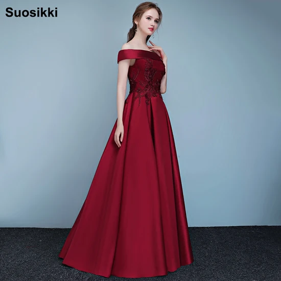Wine red Новое поступление, длинные элегантные вечерние платья с аппликацией, кружевной вырез лодочкой, банкетный сексуальный вечерний халат de soiree - Цвет: Wine red