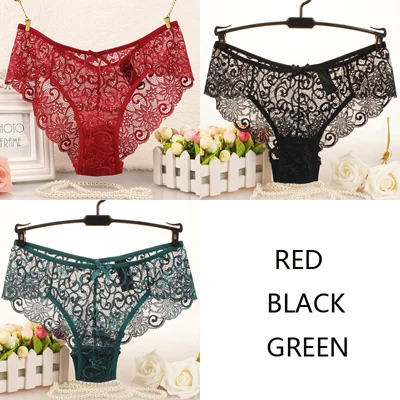 redblackgreen JERRINUT, 3 шт., сексуальные кружевные короткие женские трусы, Прозрачное нижнее белье для женщин, низкая талия, хлопок, дышащие женские трусы - Цвет: redblackgreen