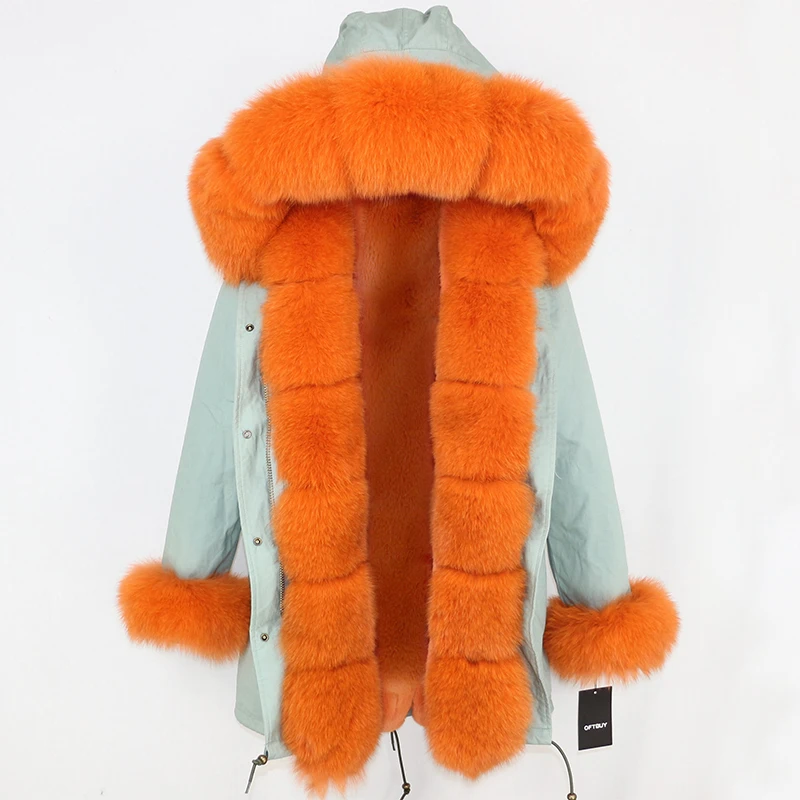 OFTBUY, зимняя женская куртка, пальто из натурального меха, длинная парка, большой натуральный Лисий мех, Толстая теплая верхняя одежда, уличная одежда, отстегивающиеся парки - Цвет: light green orange