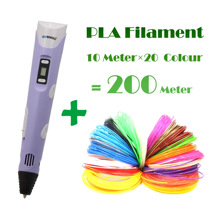 Purple 200M Filament 3d Ручка Myriwell 2 поколения ЖК-дисплей DIY 3D печать Ручка искусство 3D ручки для детей Инструменты для рисования Высокое качество ABS PLA пластик - Цвет: Purple 200M Filament