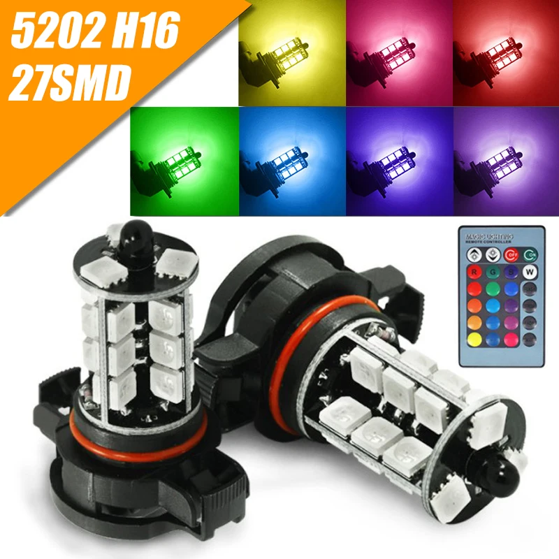 Mayitr 2 шт. 5202 H16 27SMD RGB Светодиодный Противотуманные фары дневные фары дальнего света D-RL светильник 800LM Красочный Светодиодный лампа+ пульт дистанционного управления для Автомобильная передняя фара