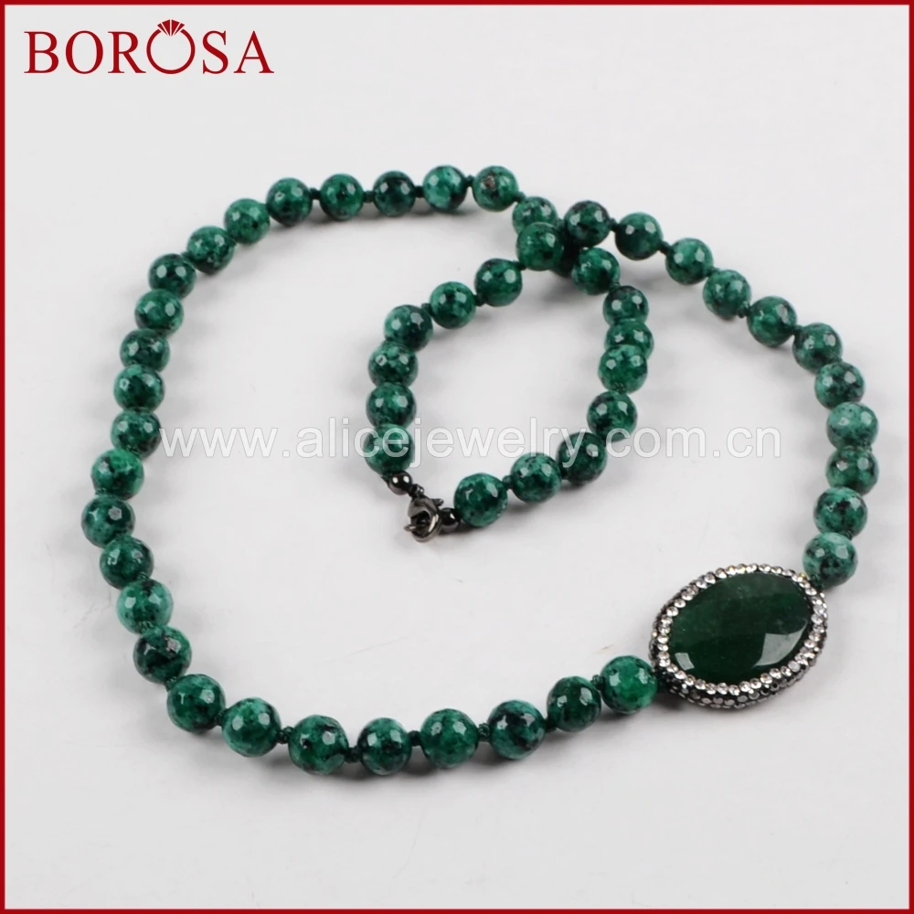 

BOROSA Handmade Drusy Beads Necklace for Women,Natural Stone Crystal Paved Zircon 8mm Green Crystal Beads Druzy Necklace JAB709
