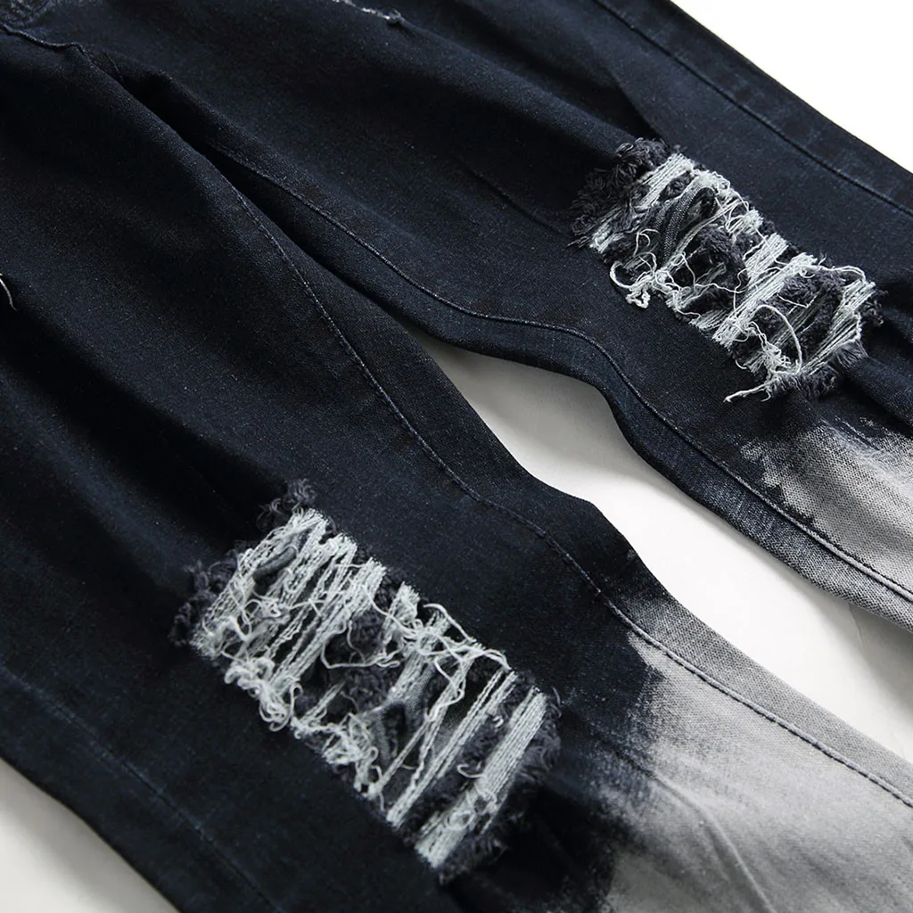 Мужские эластичные рваные зауженные байкерские джинсы с лентами джинсовые брюки