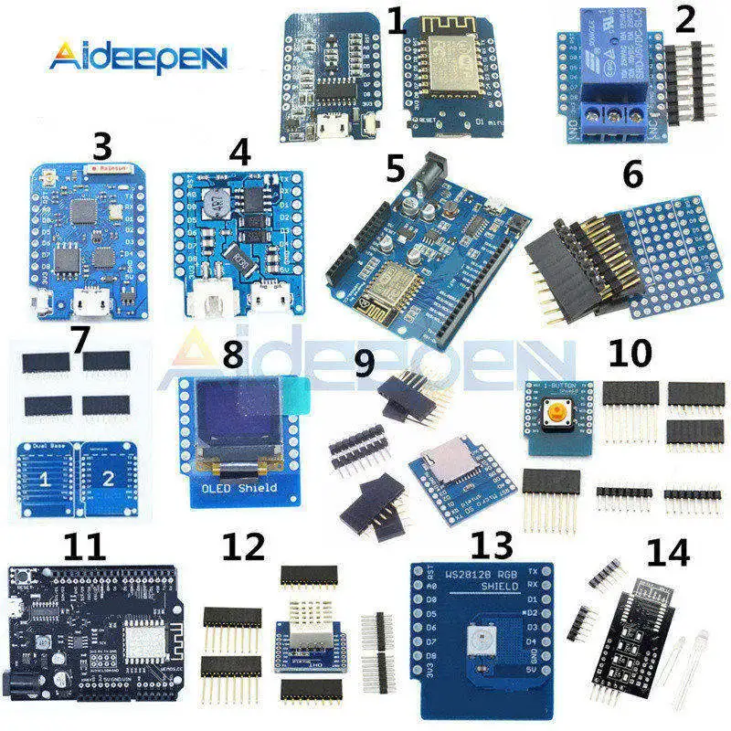 1-14 Kits WeMos D1 полный спектр комплекта ESP8266 Wifi мини ESP-12F/12E DHT22 AM2320 CP2104 CH340 релейный модуль sd-карта макетная плата - Цвет: 1-14 Kits
