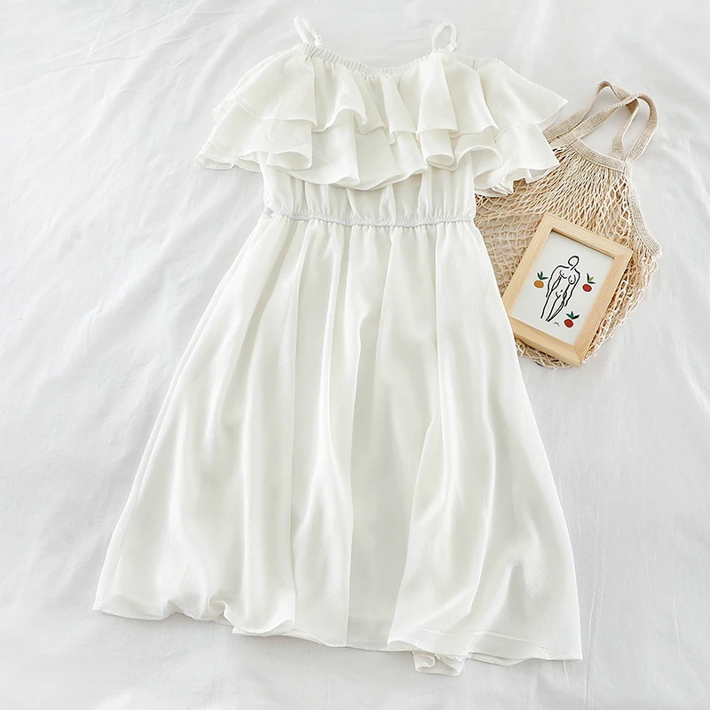 2019 Новое модное женское платье на бретелях с оборками талии однотонное средней