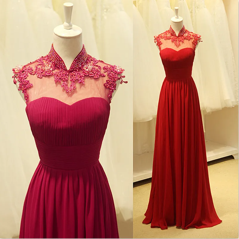 

WUZHIYI Sexy Sheer High Neck Chiffon Bridesmaid Dresses With Applique Beaded Lace Wedding Party Gowns Robe Demoiselle D'honneur