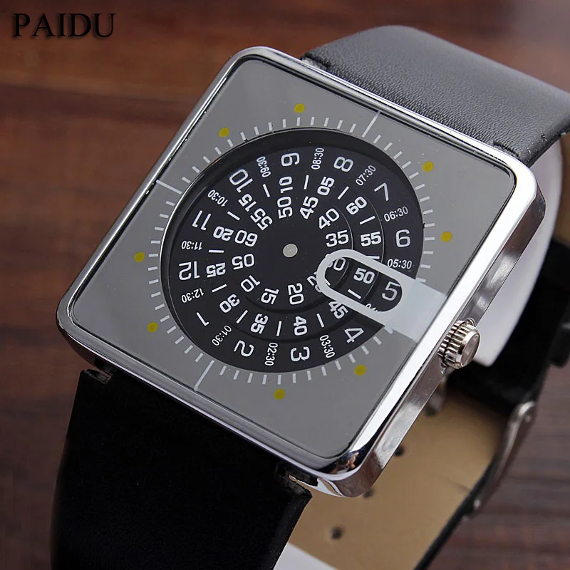 

Unique Men Watch Square Dial Turntable Numeral Creative Fashion Quartz Wristwatch For Men Women Clock relogio masculino feminino