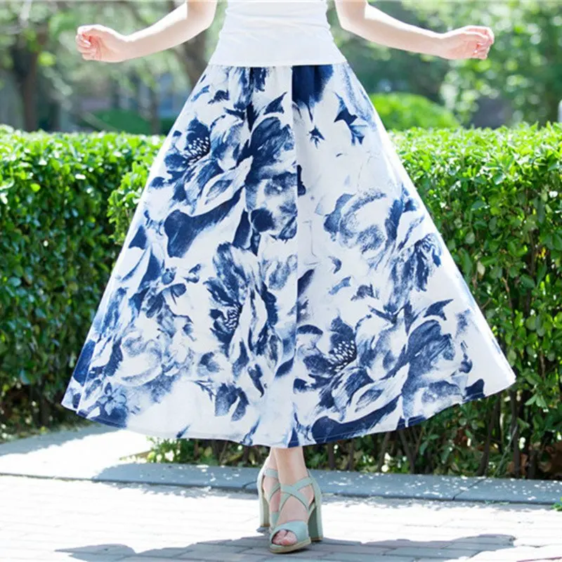 Винтажная Женская юбка из хлопка и льна с принтом летняя длинная Faldas Largas