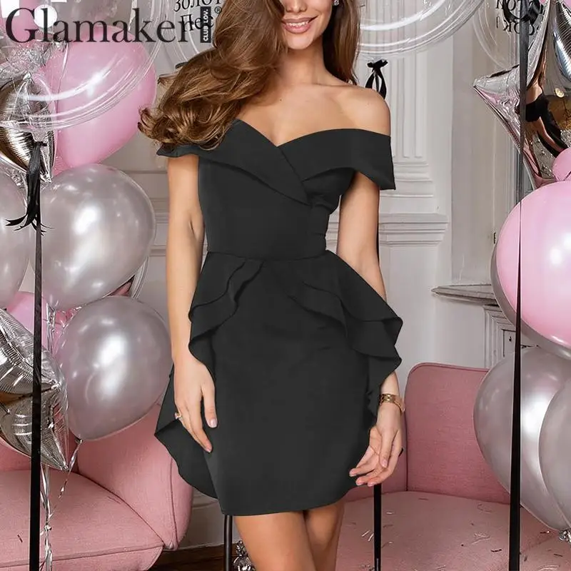Glamaker, Ретро стиль, с оборками, красное мини-платье, женское, с открытыми плечами, облегающее, короткое, летнее платье, женское, однотонное, желтое, вечернее платье - Цвет: Черный