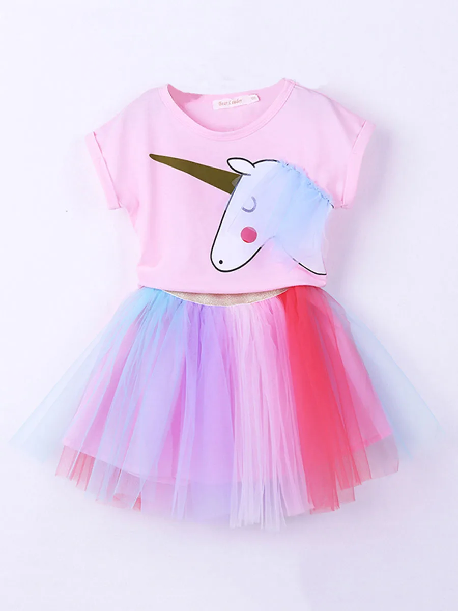 AZ1544 Pink Melari/комплекты одежды для девочек, новая летняя модная детская футболка с короткими рукавами и рисунком+ разноцветная сетчатая юбка-пачка, детский костюм из 2 предметов - Цвет: AZ1544 Pink