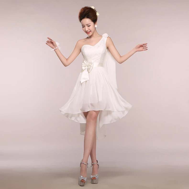 Cheap Evening Dresses 2015 Fashion Bride White Lace One Shoulder Plus Size Chiffon Short Party Prom 3 Colors Custom |