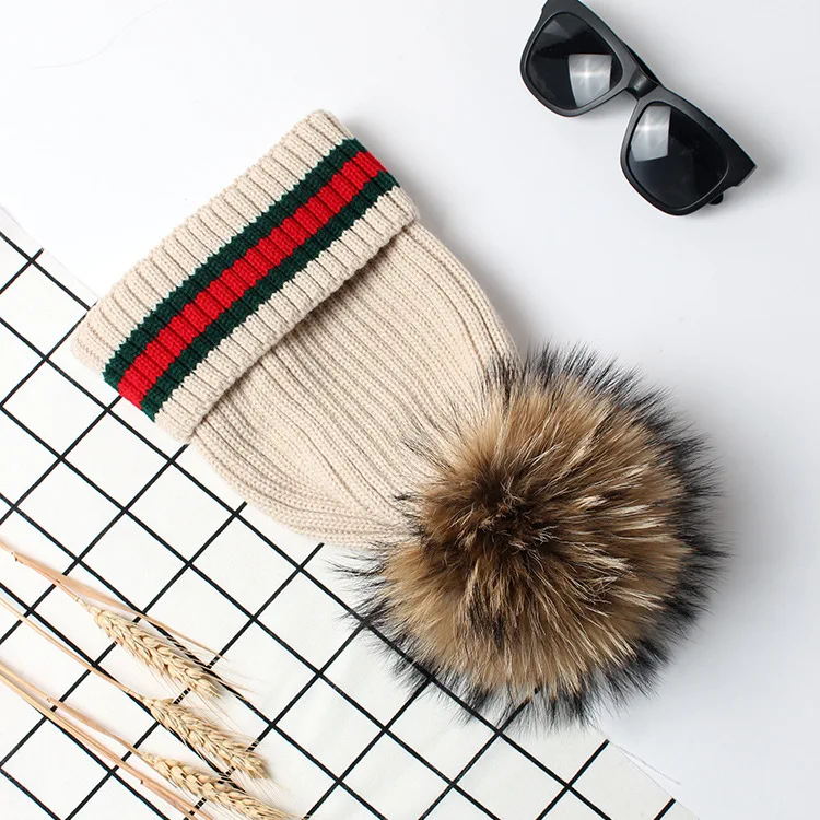 Серая норковая шарик из меха енота шапка помпоны зимняя женская девочка Вязаная