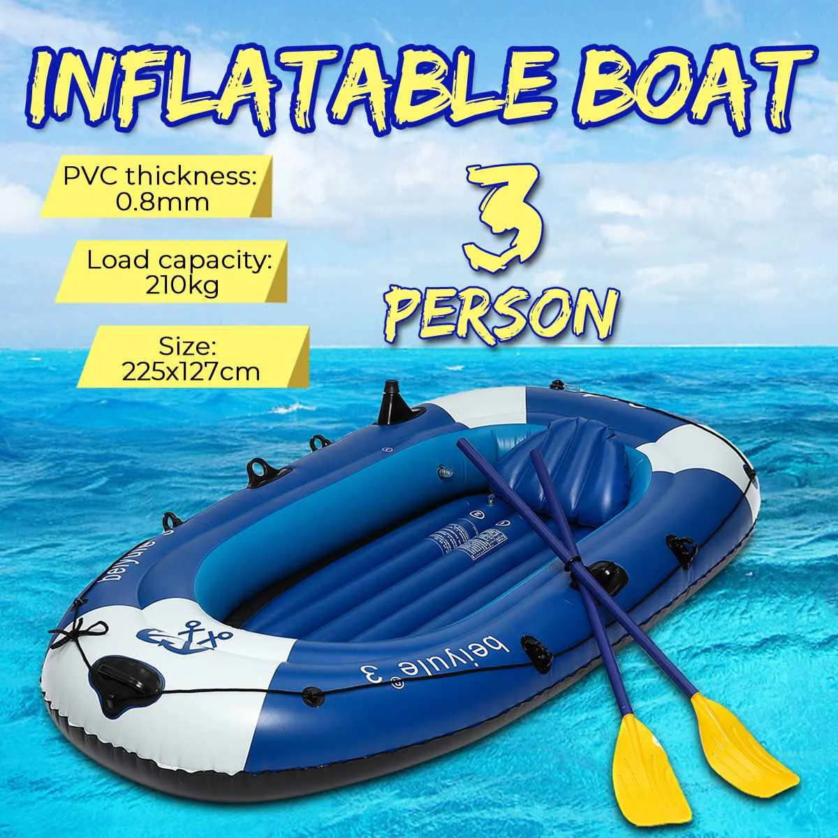 SGODDE 225x127cm 3 Person Inflatable Rowing Boat Bearing 210kg Durable PVC Rubber Fishing Boat Set with Paddles Pump Other Set