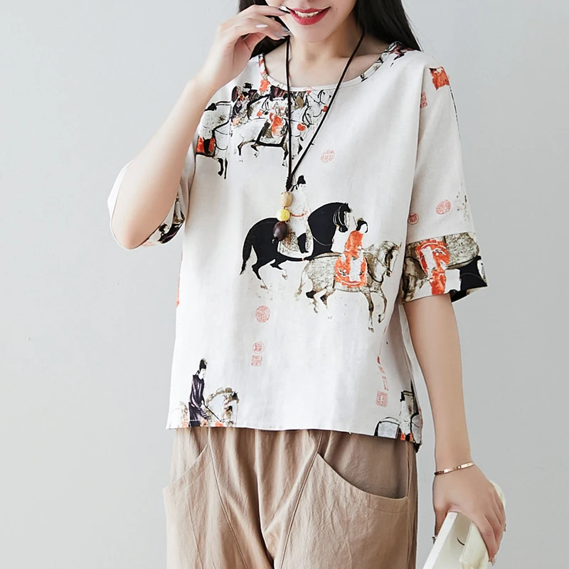 Женская хлопковая льняная блузка винтажная Повседневная Свободная с