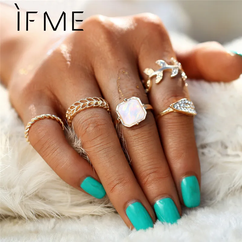 Если я Мода цветок лист Кольца Набор для женщин золотой цвет кристалл Midi Joint