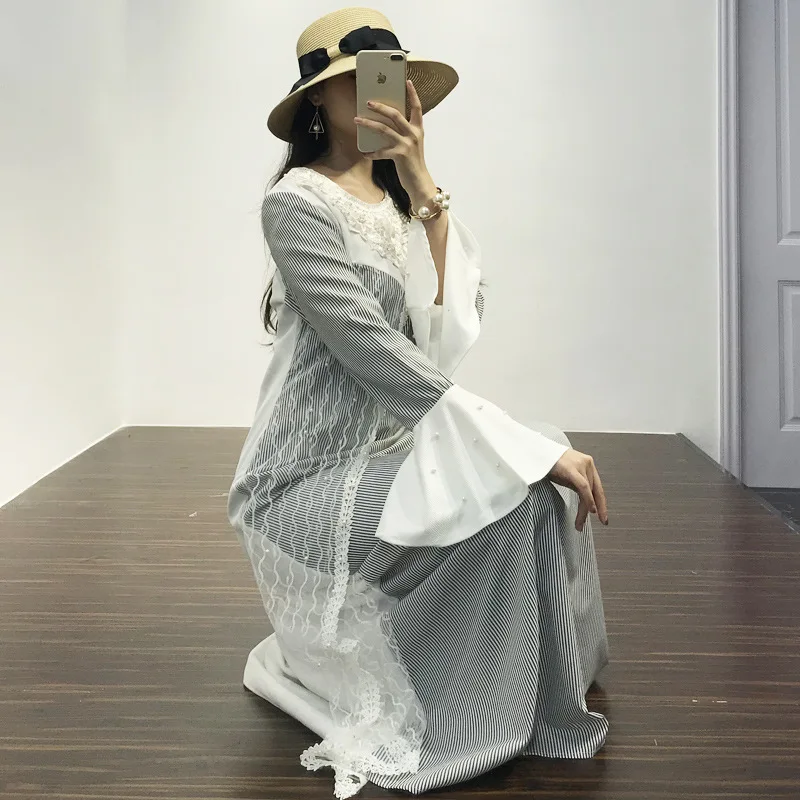 Fashion Gadis Muda Patchwork Renda Panjang Ramadan Wanita Muslim Gaun Malaysia Indonesia Wanita Kasual Pakaian 8006