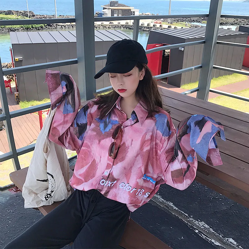 Cheerart Autumn 2018 Long Floral Blouse Sleeve Shirt Loose Pink Top Button Down For Women Korean Fashion Clothing | Женская одежда
