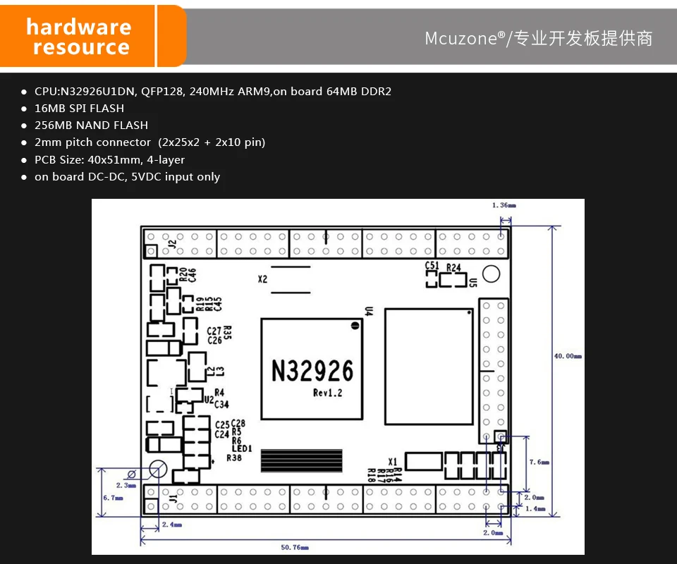 MDK32926 основная плата N32926U1DN, 64MB DDR2, 16MB NOR, 256MB NAND, camera, MAC, JPEG, H.264 codec, Audio, Linux HS USB