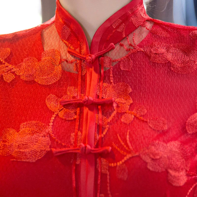 

New Arrive Sexy Lace Cheongsam Retro Elegant Long Cheongsam Red Chinese Traditional Wedding Party Dress