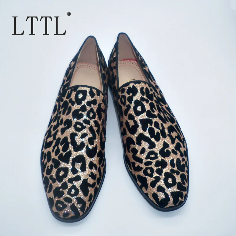 LTTL Gold Glitter Leopard Print Loafers Men Dress Shoes Slip On Casual Luxury Mens Wedding Plus Size Men's Flats | Обувь