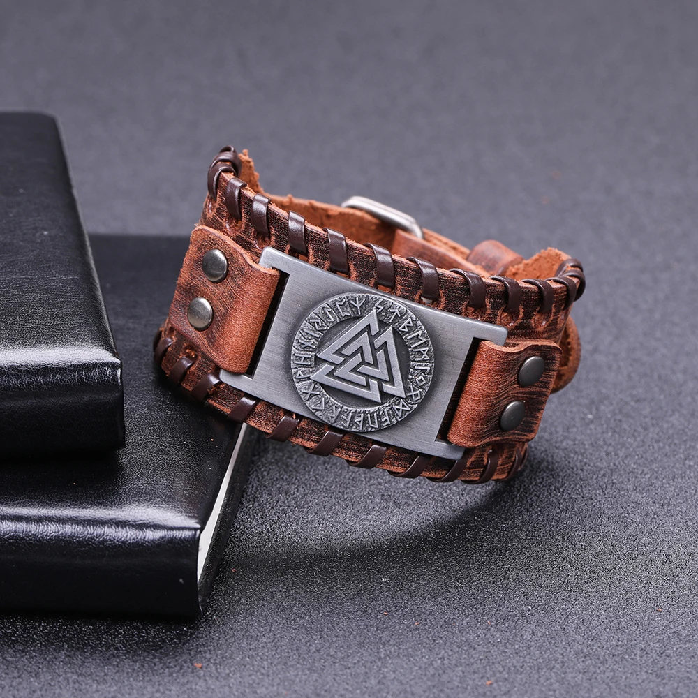 Skyrim Viking Valknut 24 нордические руны широкий кожаный браслет амулет Регулируемый винтажный славянский норвежский мужской ювелирный браслет