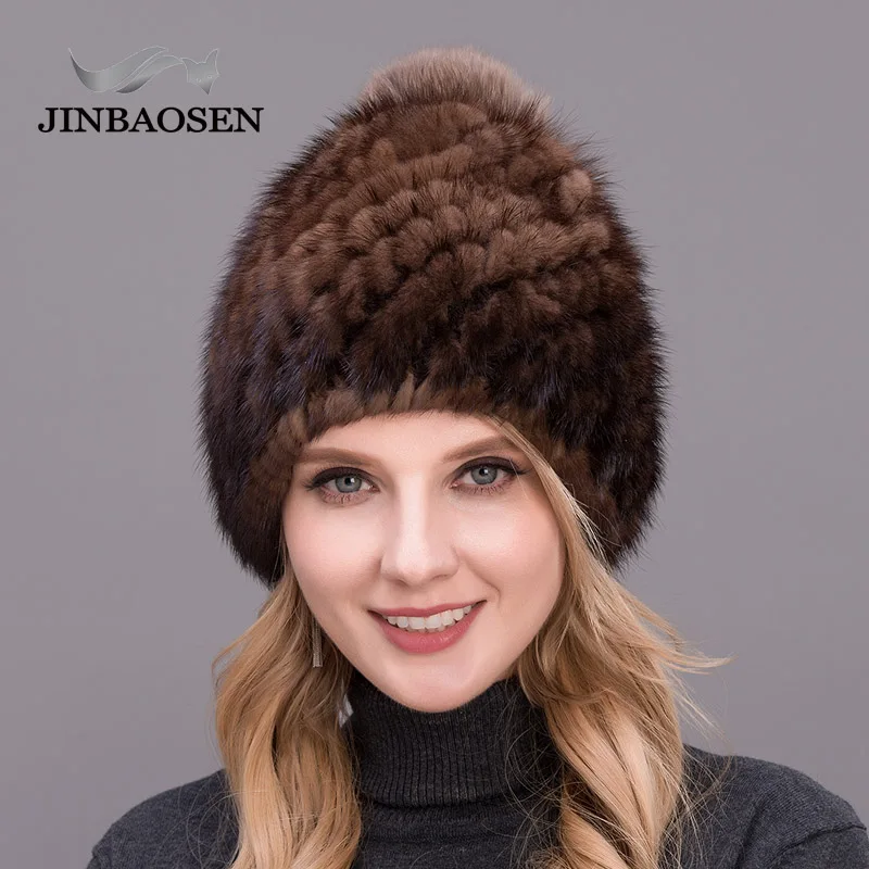 JINBAOSEN новая Толстая Женская шапка Горячая Распродажа меховая шапка из натуральной норки женская зимняя вязаная шапка с помпоны из лисьего меха