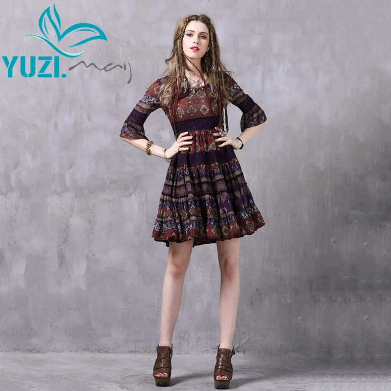 Летнее платье 2017 Yuzi.may бохо новые шифоновые платья с коротким рукавом высокой