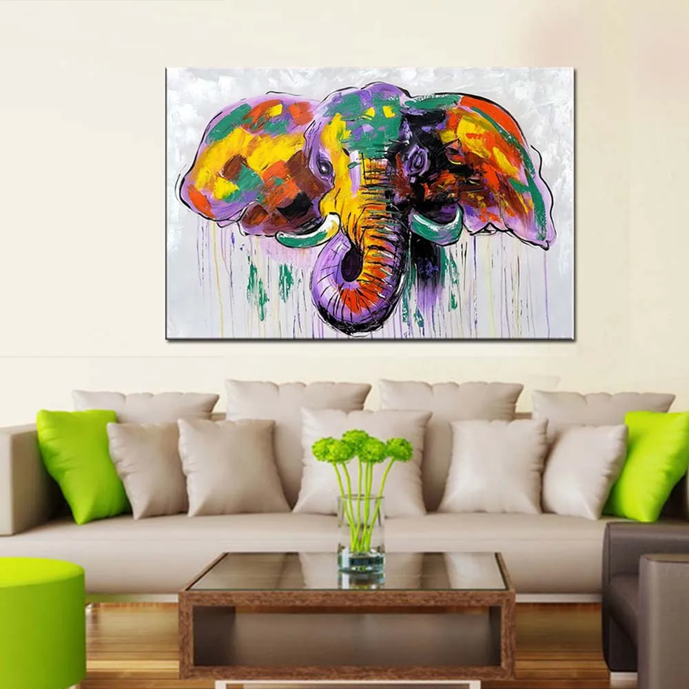 

Hand Painted Abstract Cartoon Elephant oil Painting On Canvas Colorful Lovely Elephant Wall Picture Children's Room Wall Decor