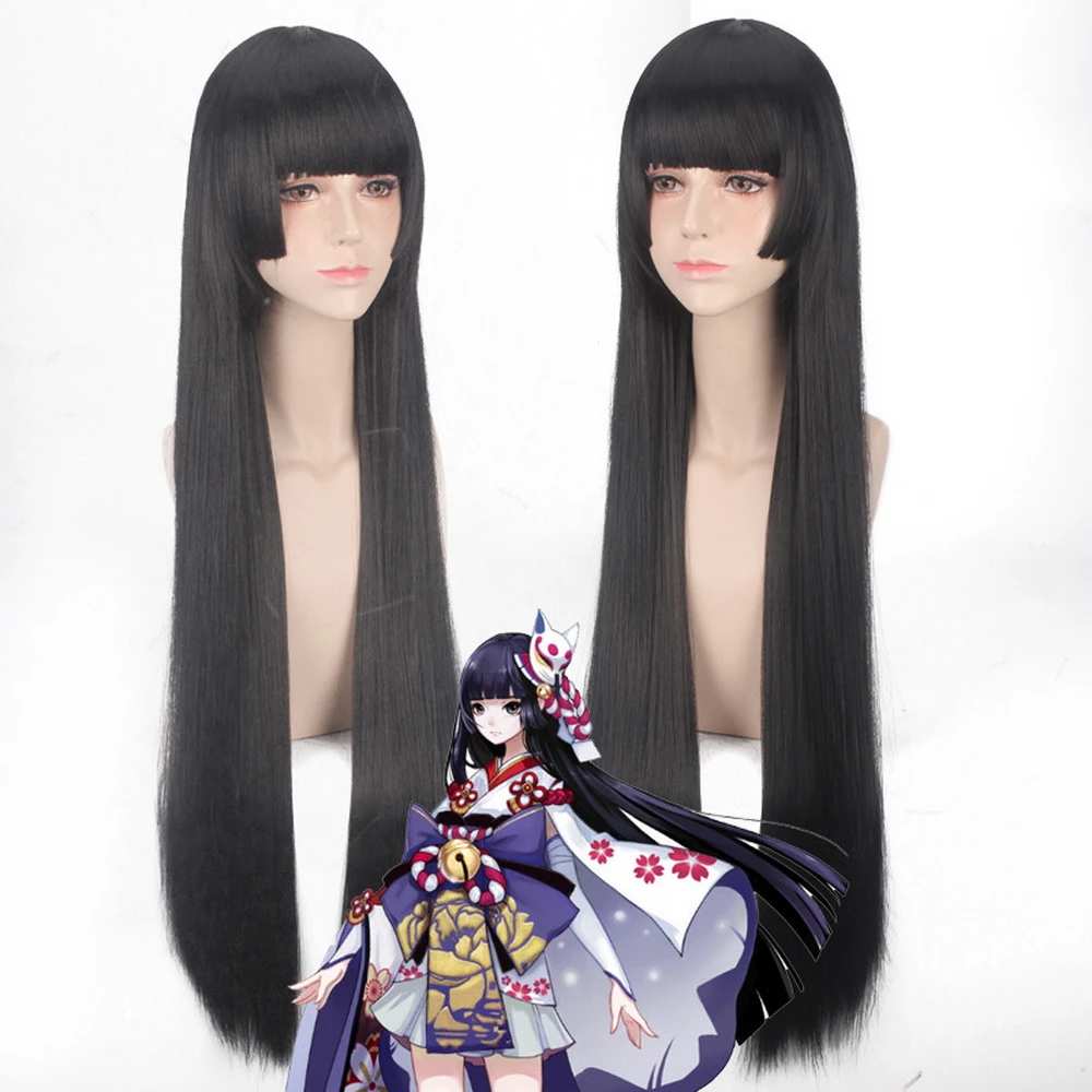 Onmyoji длинный прямой черный косплей парик челки синтетические волосы Хэллоуин