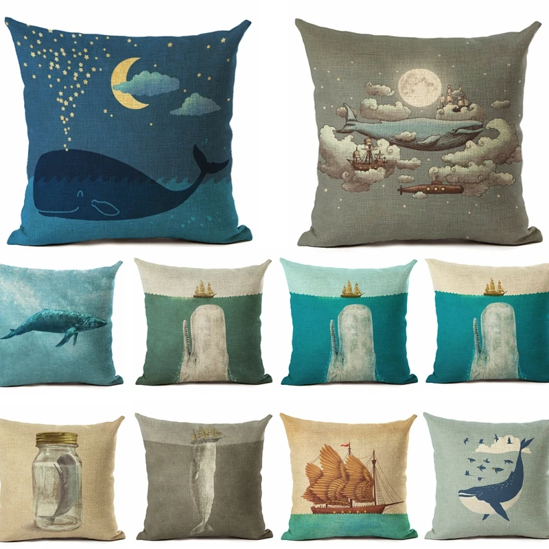 

Nordic Style Cotton Linen Cushion Cover Ocean Whales Home Pillow Case 45x45cm Pillows Covers Home Decor