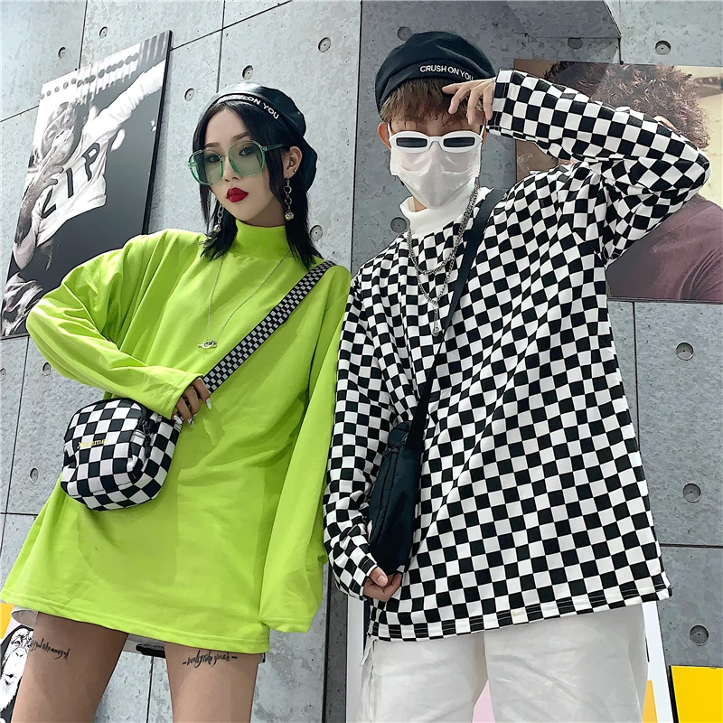 Harajuku клетчатые футболки для женщин и мужчин, водолазка с длинным рукавом, свободная одежда для пары, осень, повседневный уличный гранж Топ, футболка унисекс