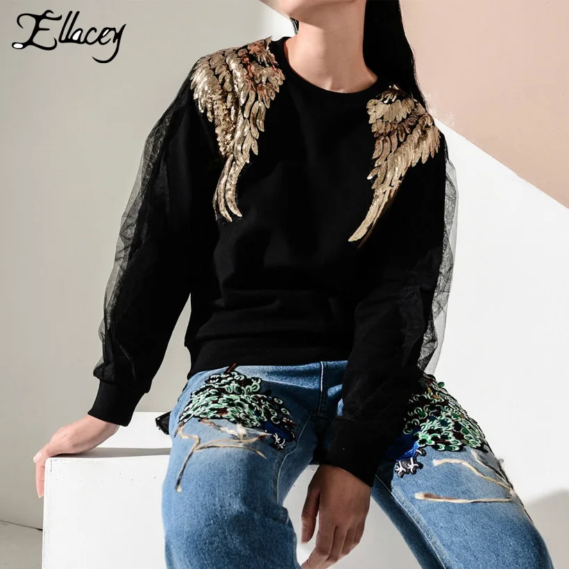 Ellacey Весна Осень крылья Ангела Бисероплетение толстовки High Street толстовка женская