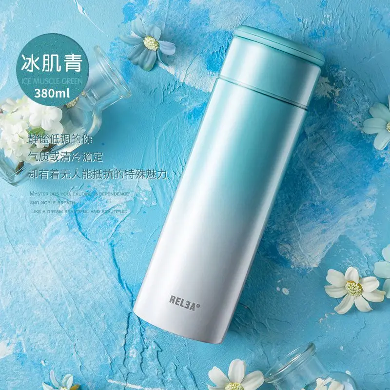 380ml light blue 380 мл термос чашка вакуумная Нержавеющая сталь колбы сок кружка для кофе утепленная двойной слой колбу бюро путешествий Бутылки для воды - Цвет: 380ml light blue
