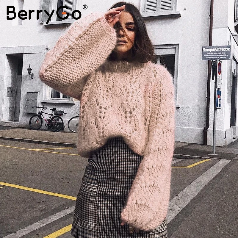 BerryGo вязанный зимний женский свитер с круглым вырезом и рукавом-фонариком