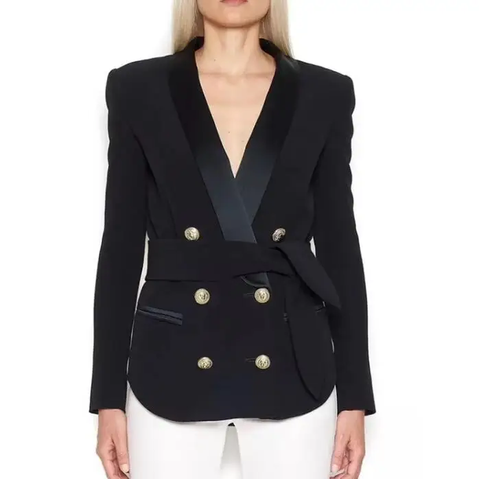 

Женский винтажный двубортный Блейзер, элегантный подиумный дизайнерский пиджак с длинным рукавом и поясом