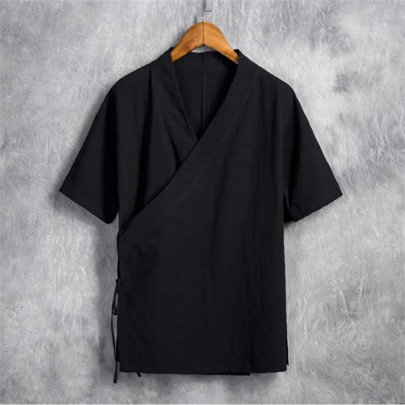 Мужская рубашка из хлопка и льна с коротким рукавом в китайском стиле|shirt classic|kung fu