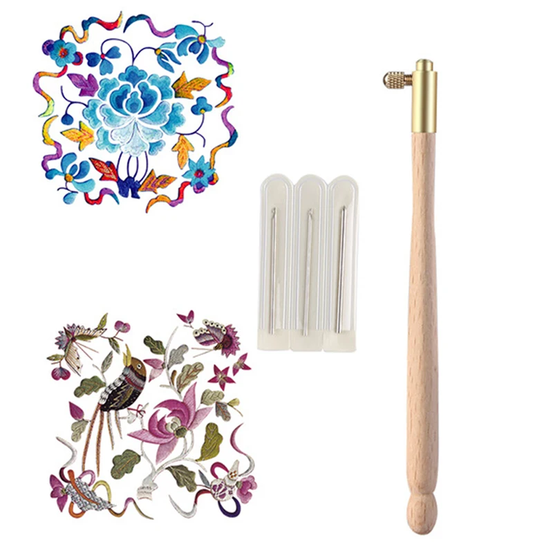 Деревянная ручка металлический крючок для вязания с 3 иглами Набор вышивки и