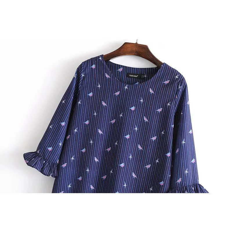 New Print Dress Women Birds Lady Fashion Patchwork Ruffles Female Butterfly Three Quarter Sleeves Knee Vestidos LTD119262 | Женская