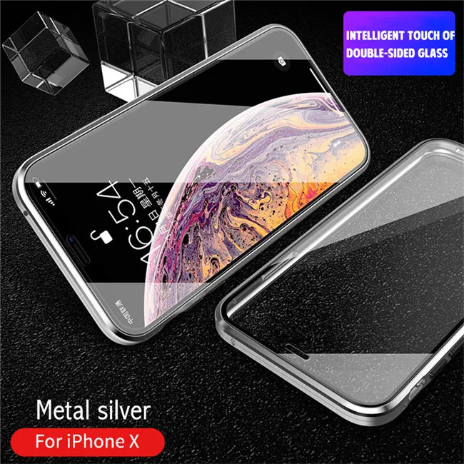 Обновленный металлический магнитный чехол для iPhone X, XR, XS MAX, высококачественный двойной чехол из закаленного стекла на магните для iPhone 7, 8, 6, 6s Plus - Цвет: Silver