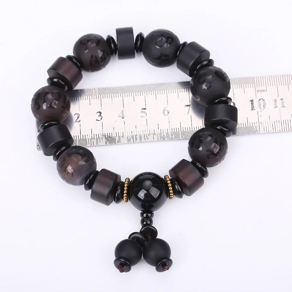 Natural Stone Black Agate Reiki Obsidian Six-Word Mantra Beads Bracelets For Women Men Classic Elastic Jade Buddha Bracelet Gift | Украшения