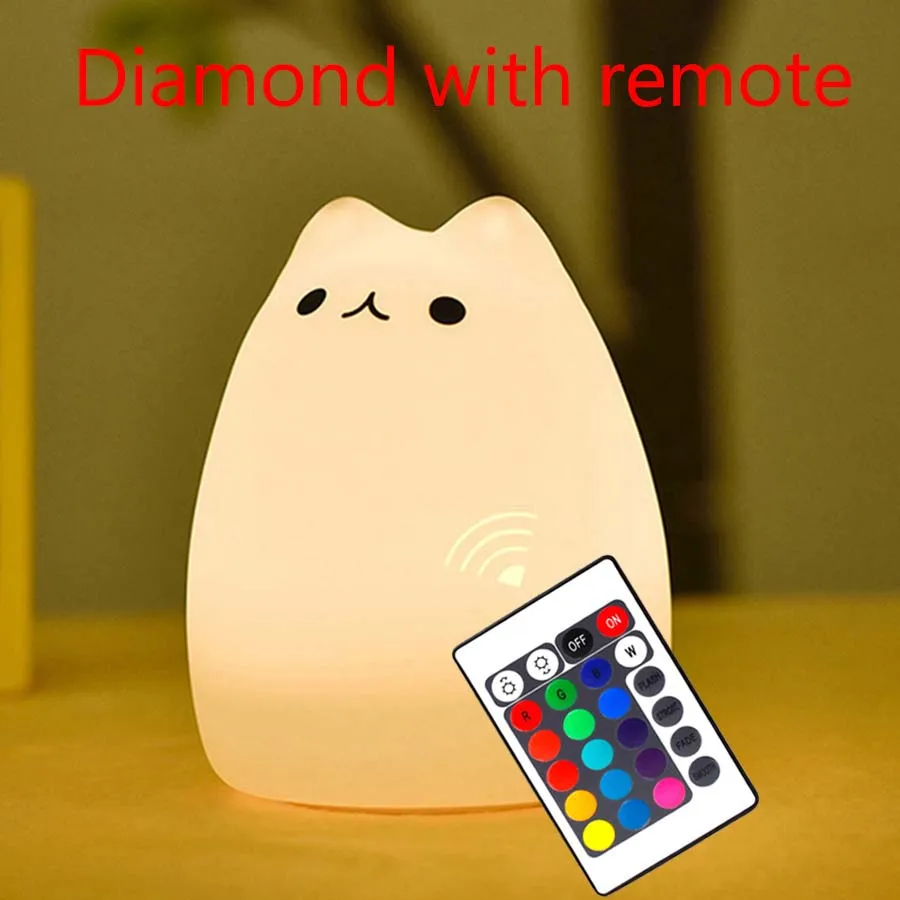 Diamond with Remote 7 цветов кошка силиконовая лампа мультфильм животное дыхательный светодиодный ночник мягкая спальня RGB светодиодный светильник милый питомец подарок для детей ребенок USB - Испускаемый цвет: Diamond with Remote