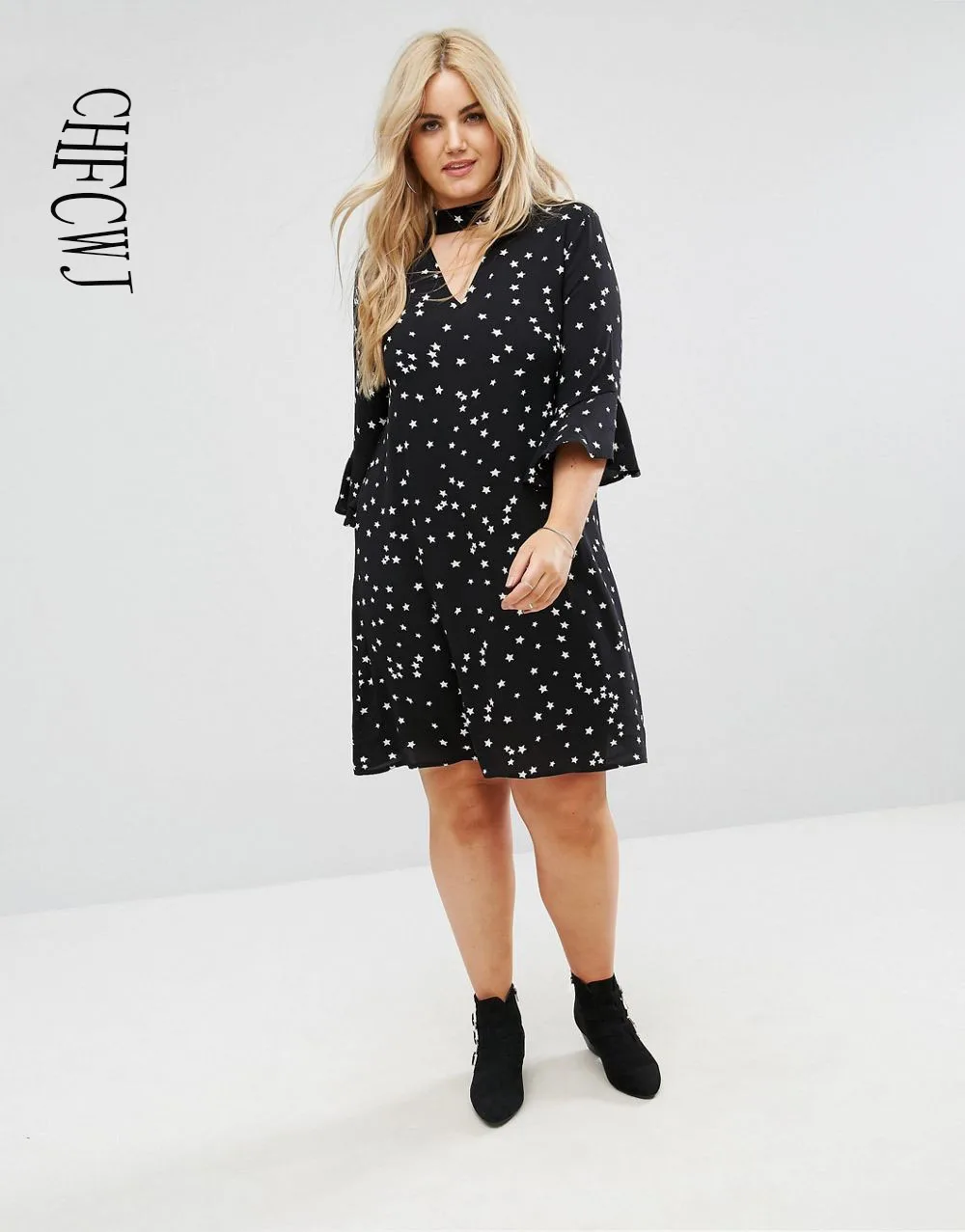 2017 New Womens Plus Size Print Dress Three Quarter Sleeve And Above Knee Empire O-Neck In Summer | Женская одежда