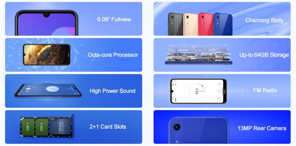 Honor 8A, мобильный телефон с глобальной ПЗУ, 6,09 дюйма, MT6765, четыре ядра, Android 9,0, 13 МП+ 8 Мп, аккумулятор, 3020 мА/ч, разблокировка лица, смартфон