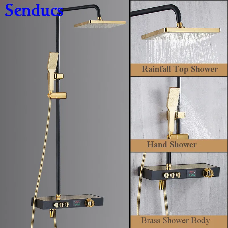 

Senducs Interlligent Black Gold Shower Set Rainfall Bathroom Digital Shower Set High Quality Brass Bathtue Shower Series