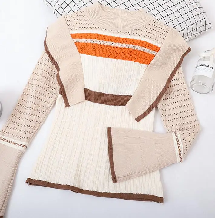 20118 Winter Long Sleeve Ruffles Sweaters Women Sweet Dresses Lady Flare Sweater Knit Tops | Женская одежда
