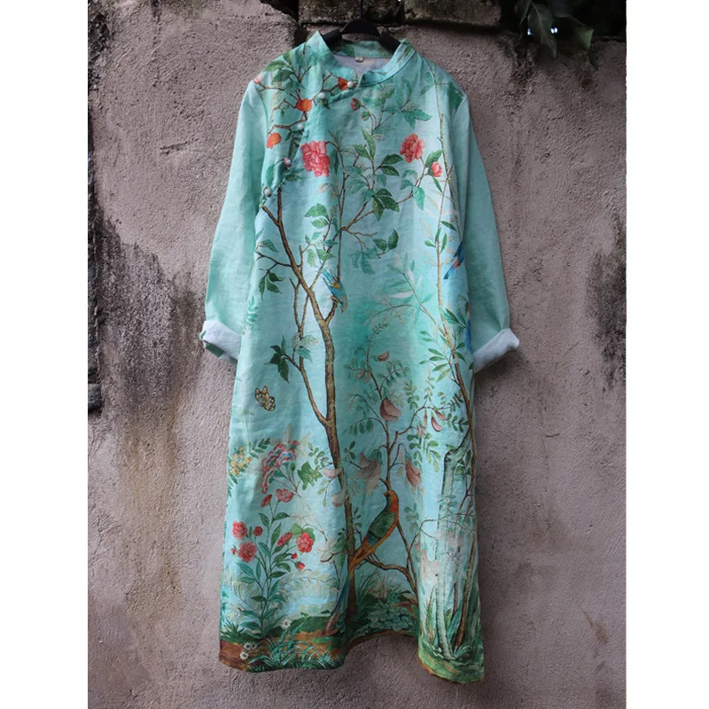 Льняное платье в стиле ретро с пуговицами лягушками воротником стойкой цветами